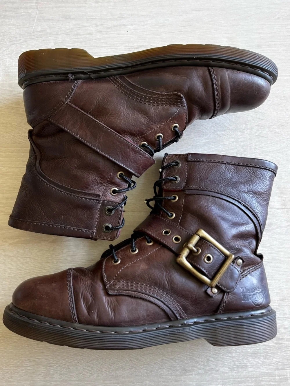 Dr. Martens Brown Leather Buckle Lace-Up Combat Boots Moto Biker Plaid M10/W11